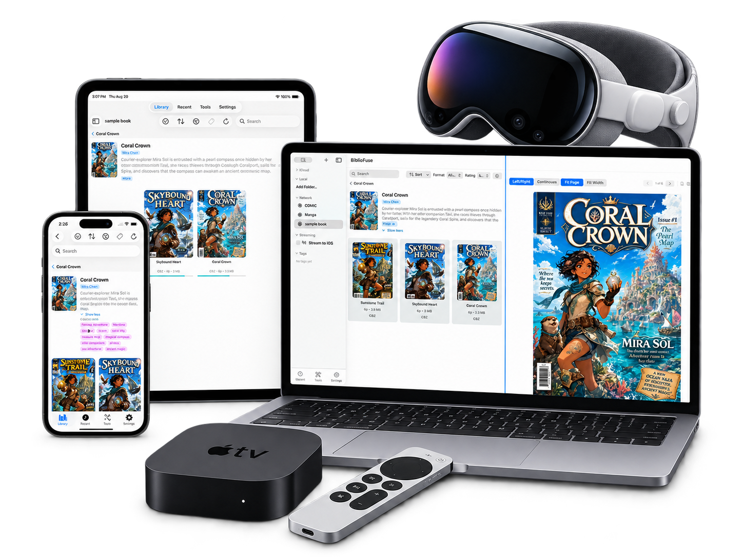 BiblioFuse Reader across iPhone, iPad, Mac, Vision Pro and Apple TV