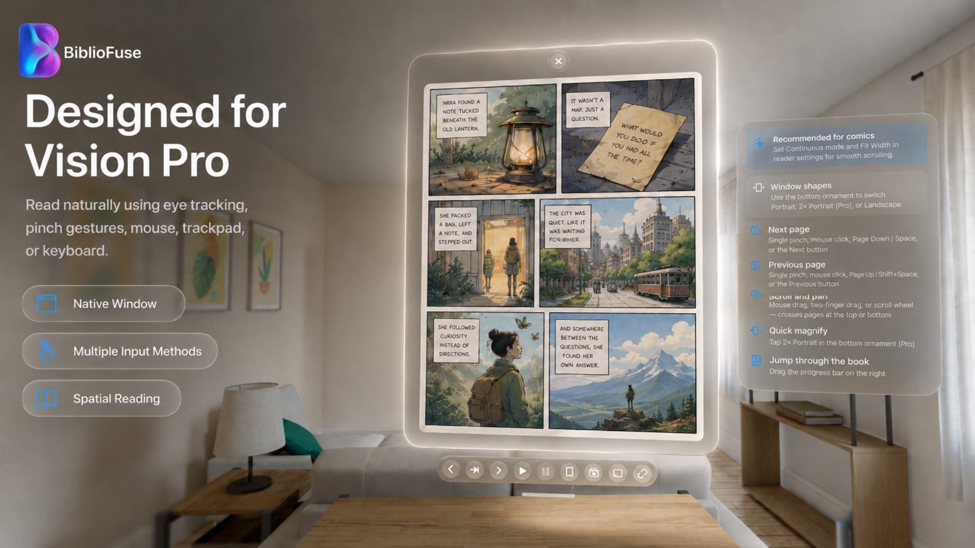 Reading a comic in BiblioFuse on Apple Vision Pro with eye tracking and input method options