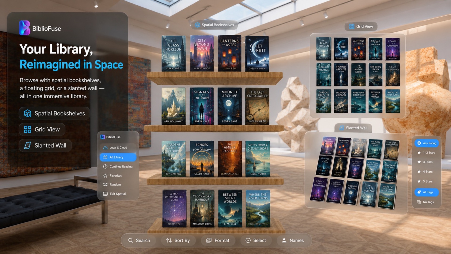 BiblioFuse on Apple Vision Pro showing Spatial Bookshelves, Grid View, and Slanted Wall library layouts