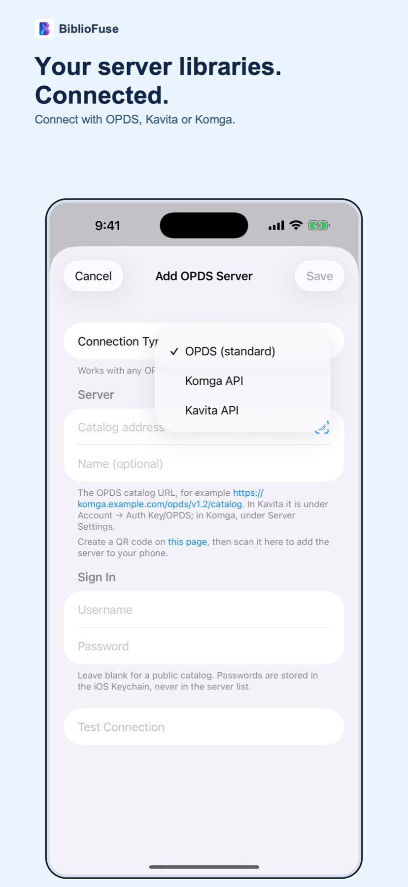 Add OPDS Server screen in BiblioFuse on iPhone, with OPDS, Komga API and Kavita API connection types