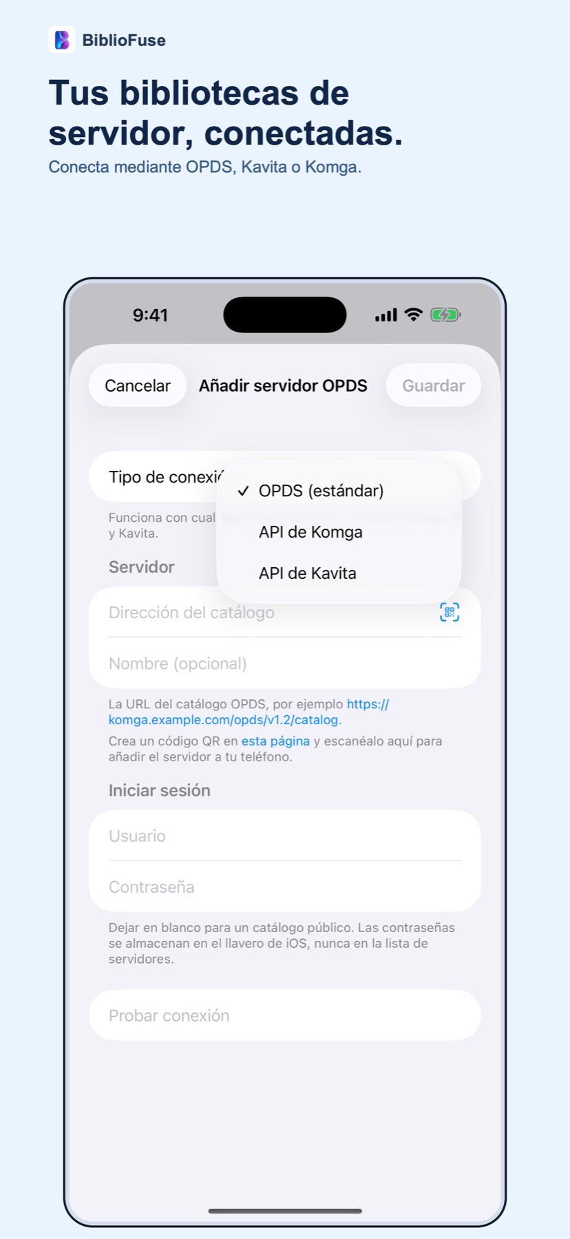 Pantalla Añadir servidor OPDS de BiblioFuse en iPhone, con los tipos de conexión OPDS, API de Komga y API de Kavita