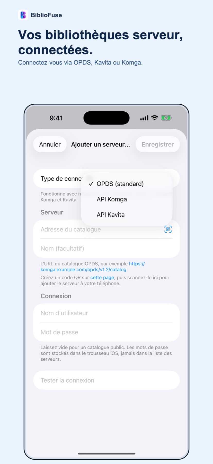 Écran Ajouter un serveur OPDS de BiblioFuse sur iPhone, avec les types de connexion OPDS, API Komga et API Kavita