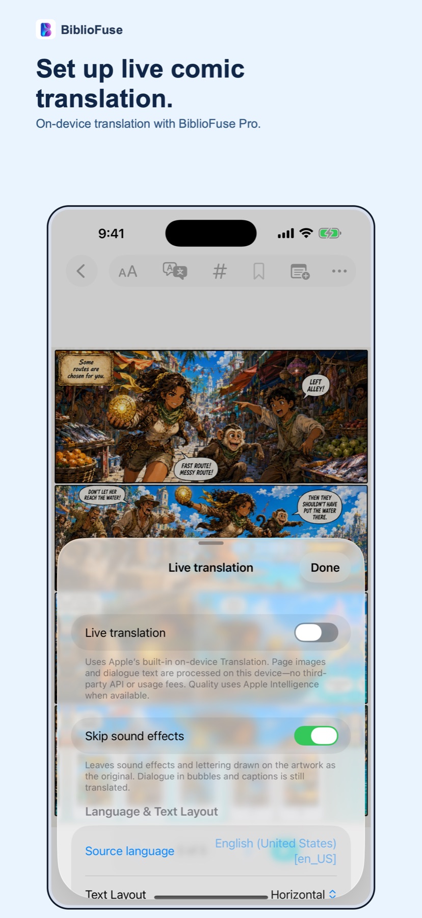 Live Translation settings in BiblioFuse on iPhone — on-device comic and manga translation with BiblioFuse Pro