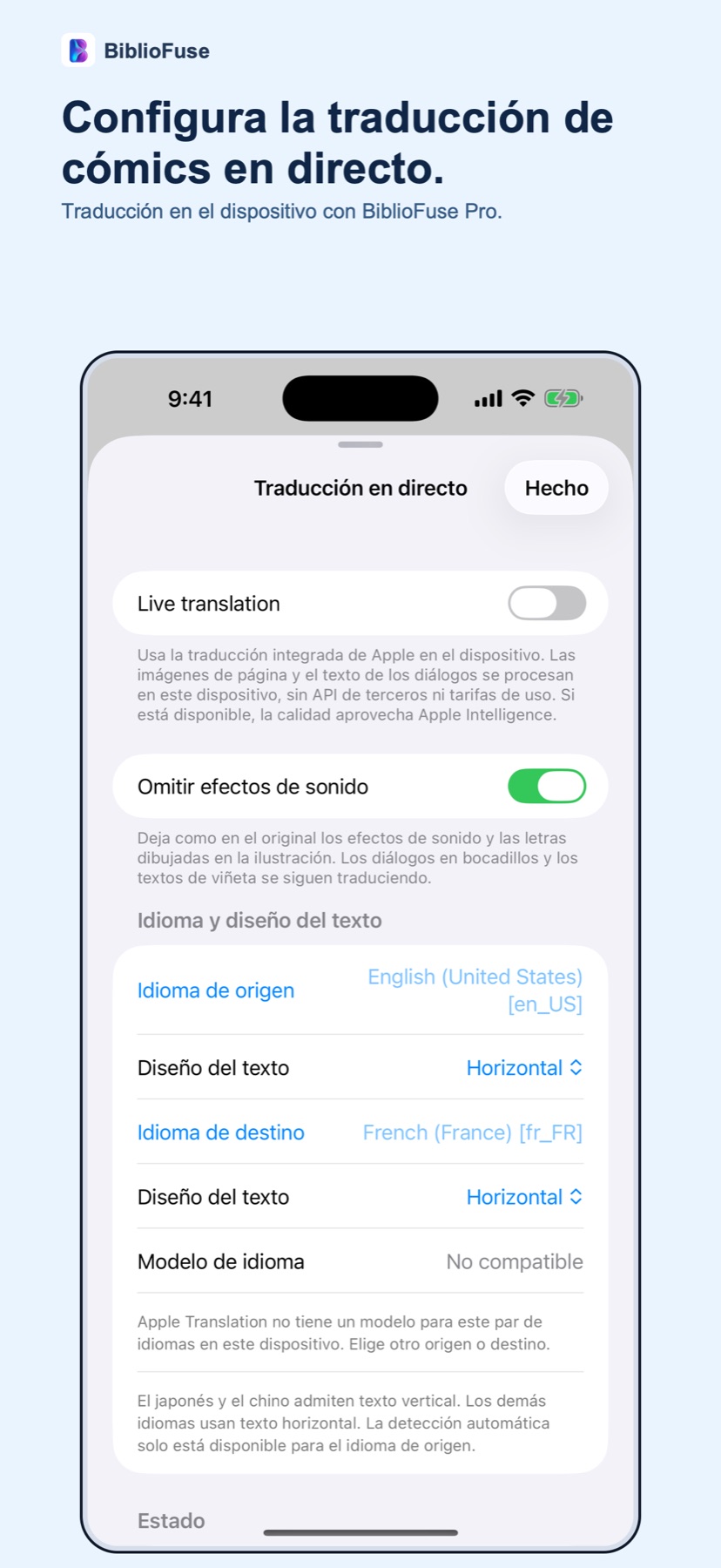 Ajustes de Traducción en vivo de BiblioFuse en iPhone: traducción de cómics y manga en el dispositivo con BiblioFuse Pro