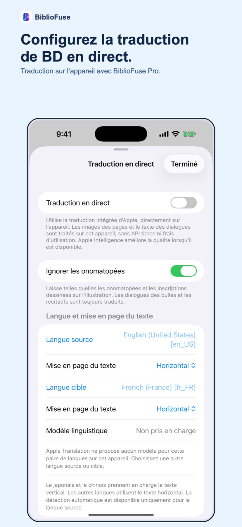 Réglages de la traduction en direct de BiblioFuse sur iPhone — traduction de BD et mangas sur l’appareil avec BiblioFuse Pro