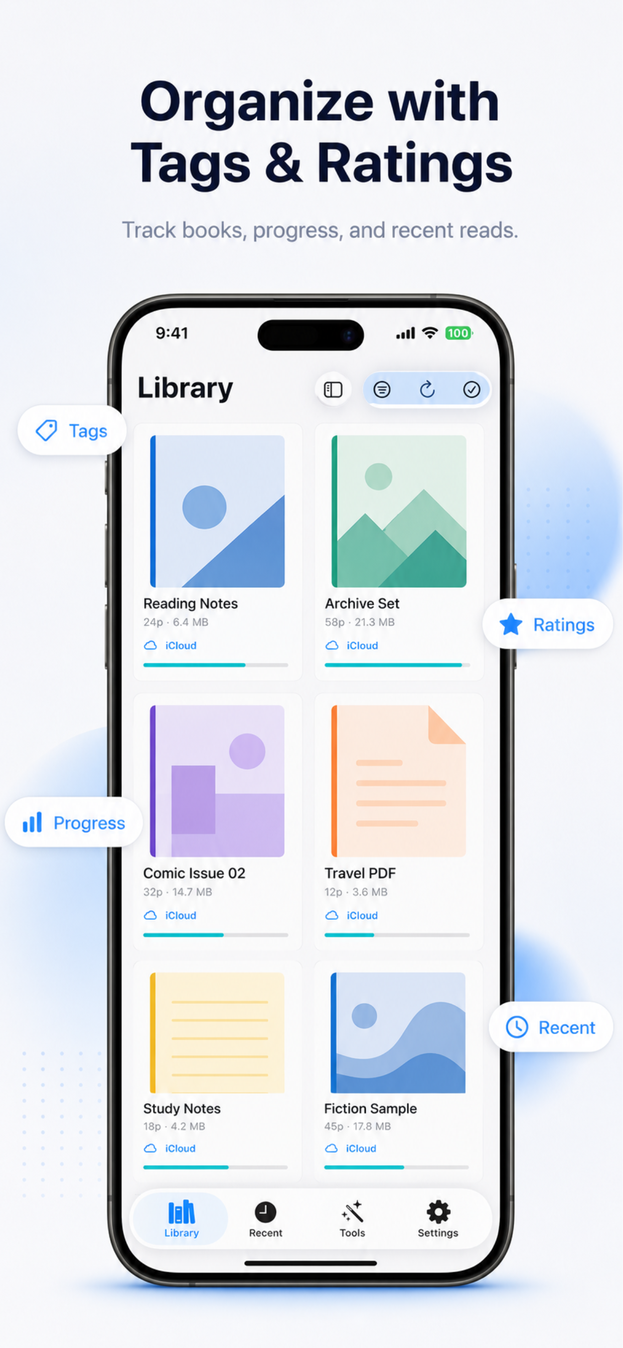 Bibliothèque BiblioFuse avec étiquettes, notes et progression
