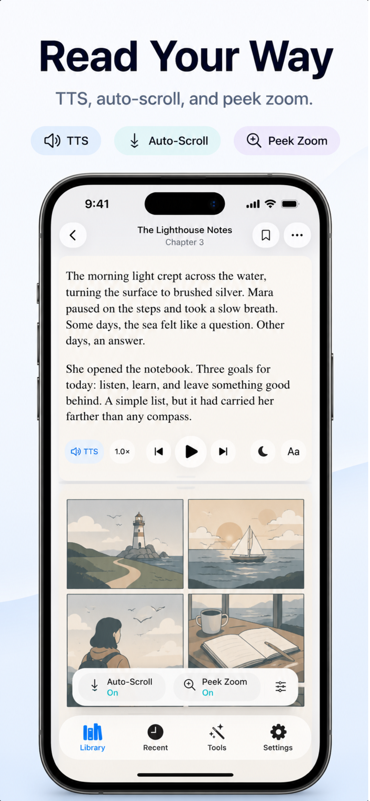 Vue de lecture BiblioFuse avec TTS, défilement auto et peek zoom