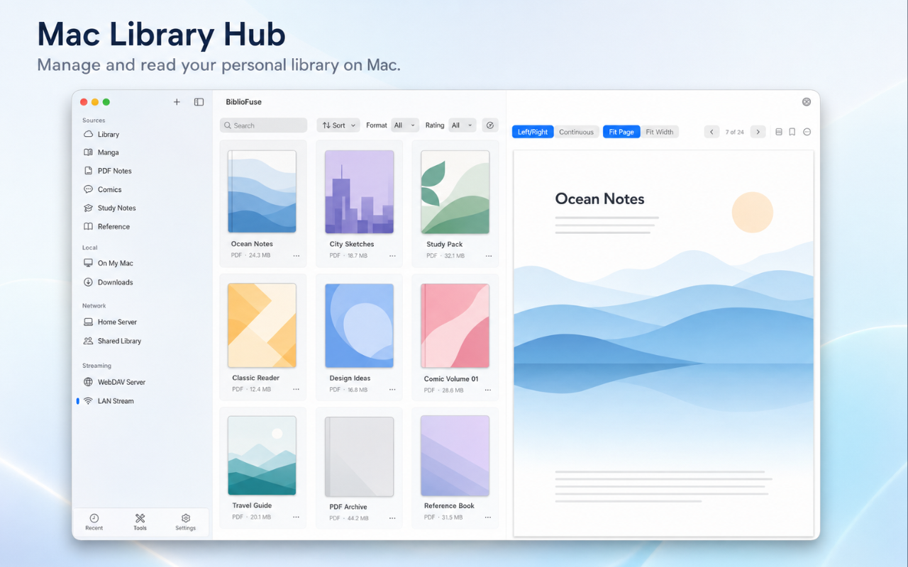 Bibliothèque de bureau BiblioFuse avec lecteur en vue divisée